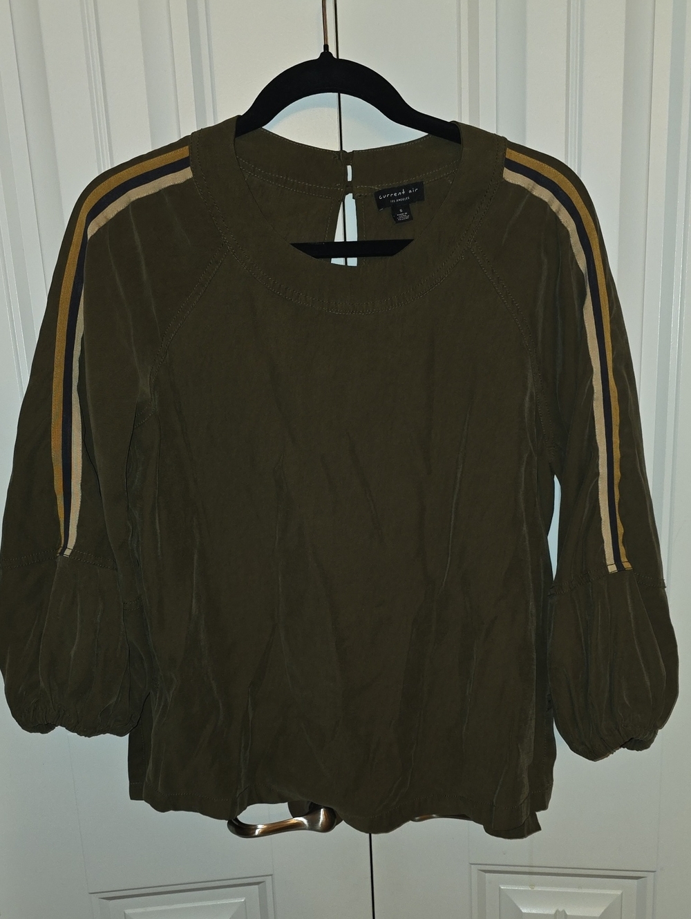 Current Air Olive Green Blouse with Stripe-Trim Sleeves